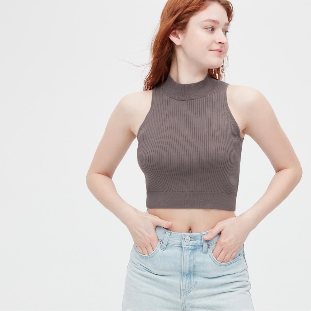 Uniqlo Ribbed Mock Neck Sleeveless Cropped Top Small Brown